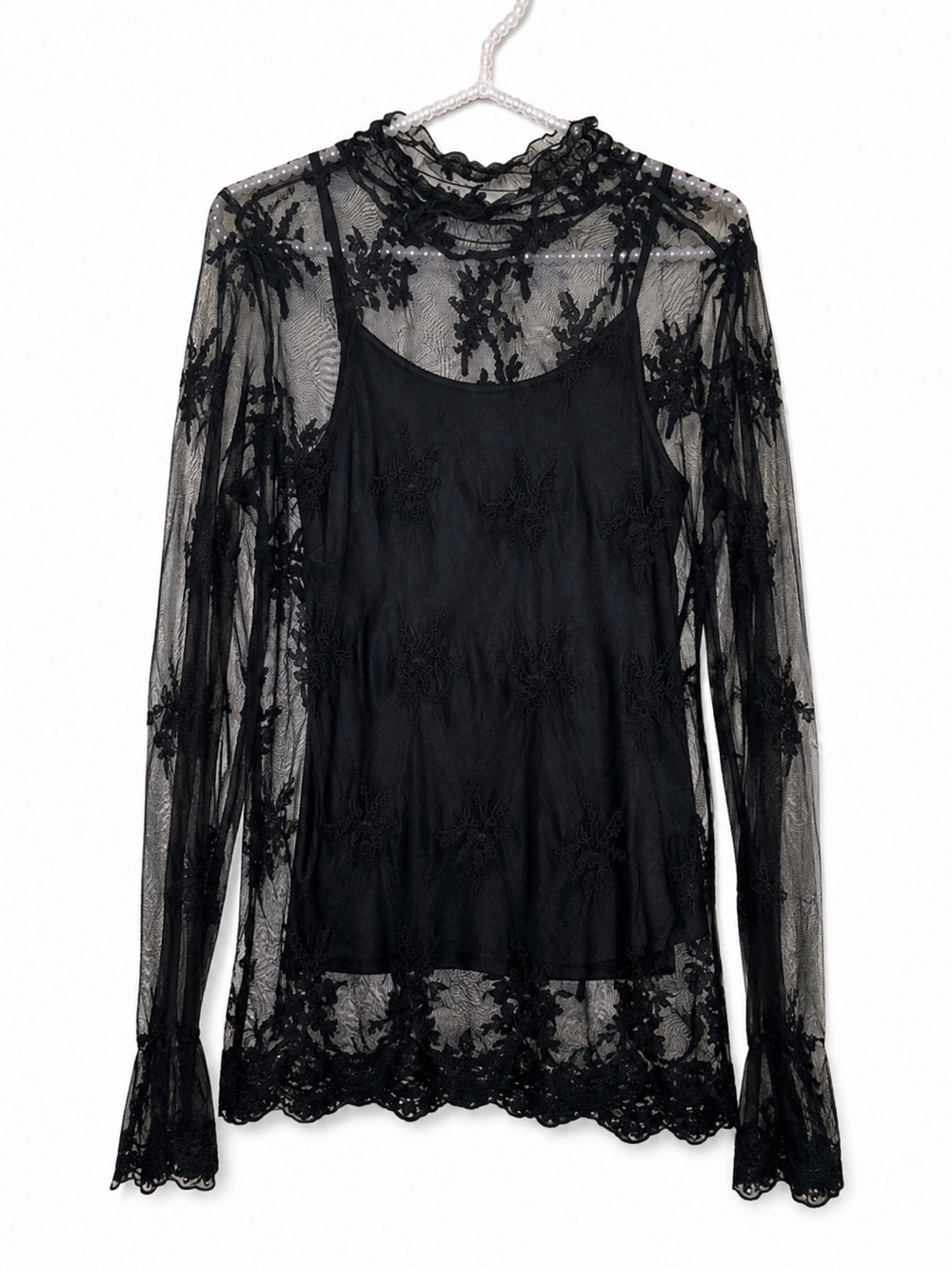 Ultra Pink Black Lace Blouse | Sheer Bell Sleeve Top + Cami | Large